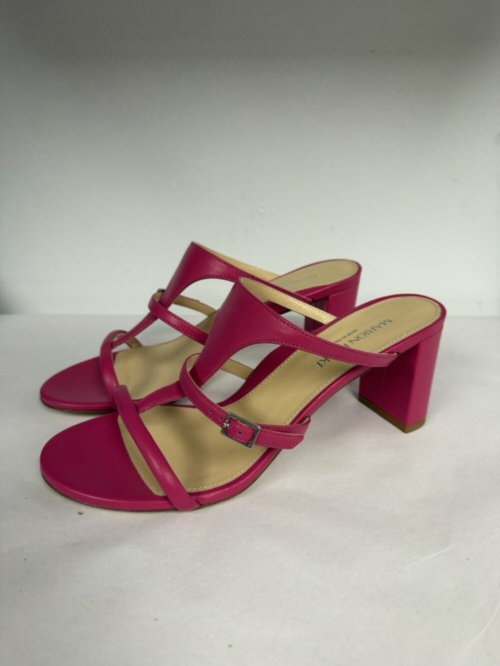 Marion Parke Pink Leather Sandals Heeled Slide Size 37.5 US 7.5 NEW - Picture 10 of 10